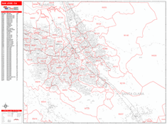 San Jose Wall Map Zip Code Red Line Style 2024